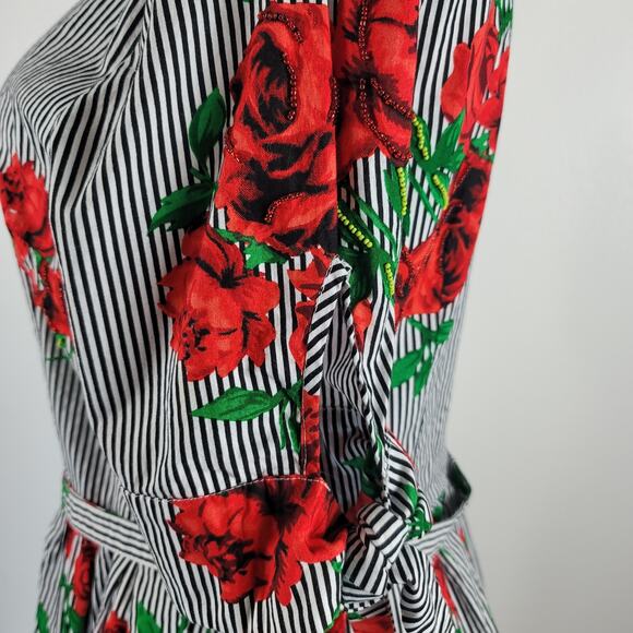 Eshakti White/Black Stripped Floral Beaded Business Vacation Dress M - Picture 8 of 10